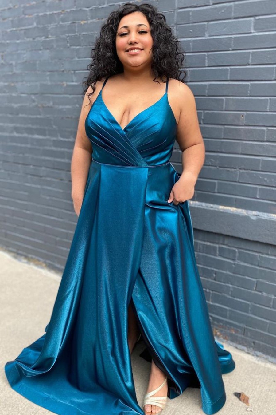 Homrain Plus Size Satin Long Prom Dress With Slit | Blue Prom Dresses