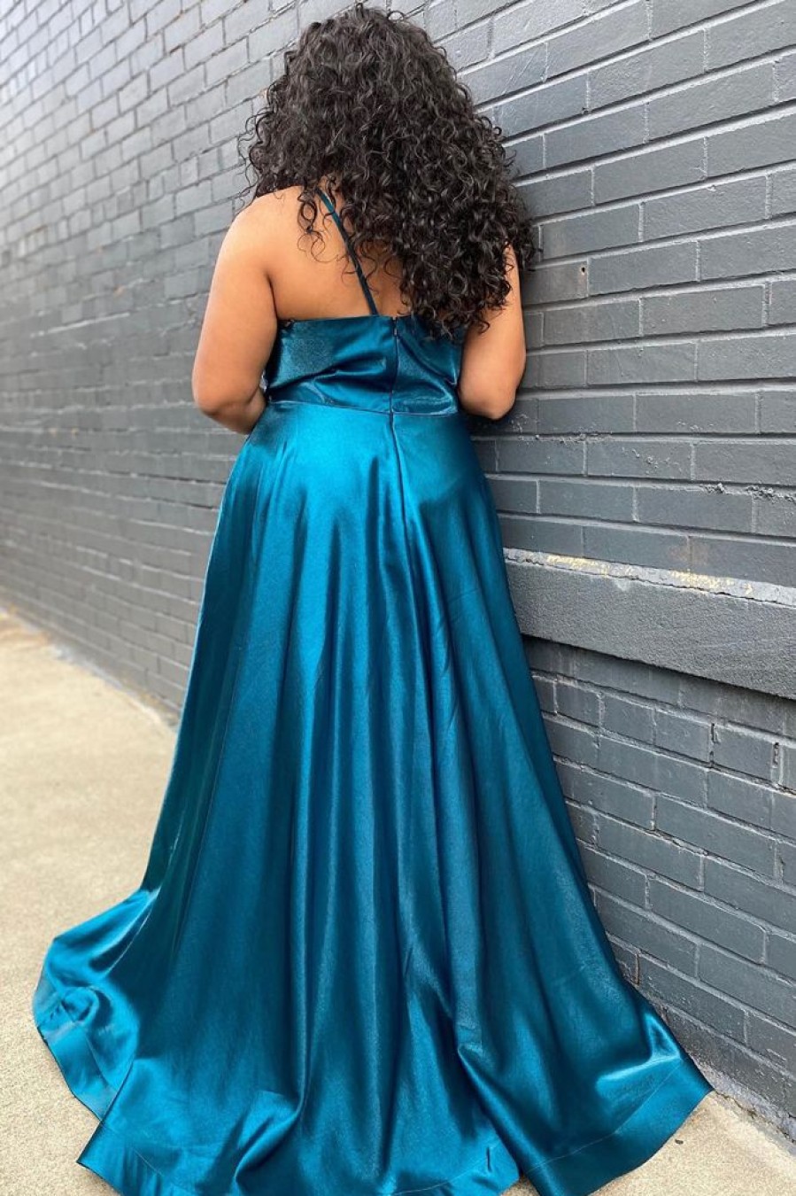 Homrain Plus Size Satin Long Prom Dress With Slit | Blue Prom Dresses