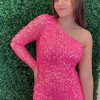 Homrain Sparkly One Shoulder Tight Sequins Homecoming Dress With Fringes | Pink Hoco Dresses