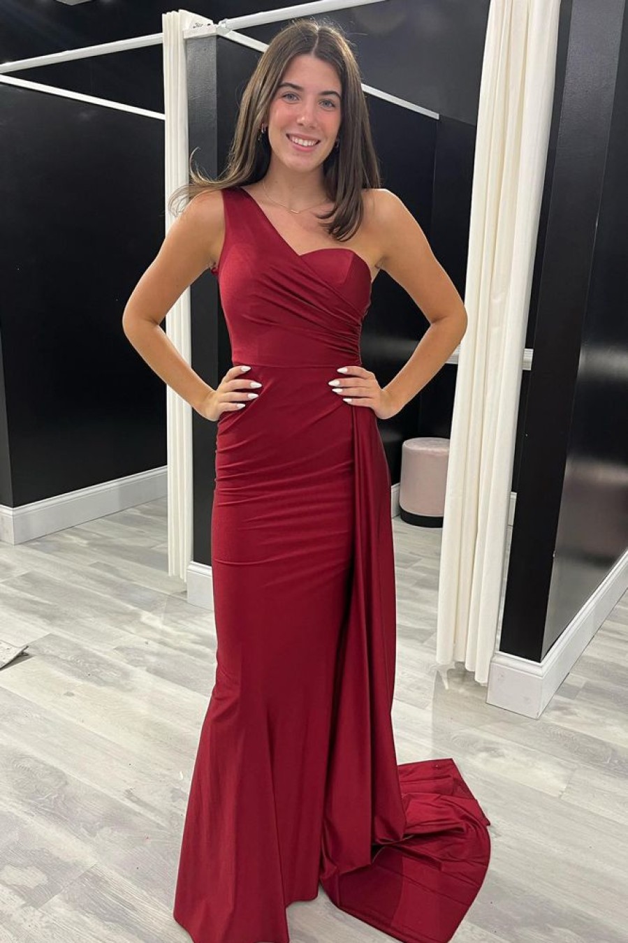 Homrain Sheath One Shoulder Long Prom Dress | Red Prom Dresses