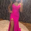 Homrain Spaghetti Straps Corset Prom Dress With Slit | Hot Pink Prom Dresses