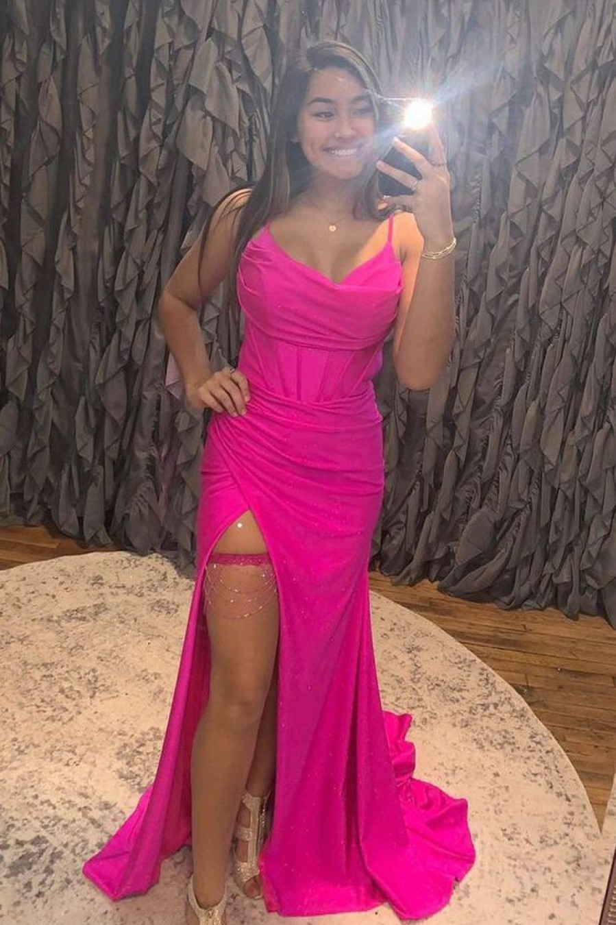 Homrain Spaghetti Straps Corset Prom Dress With Slit | Hot Pink Prom Dresses