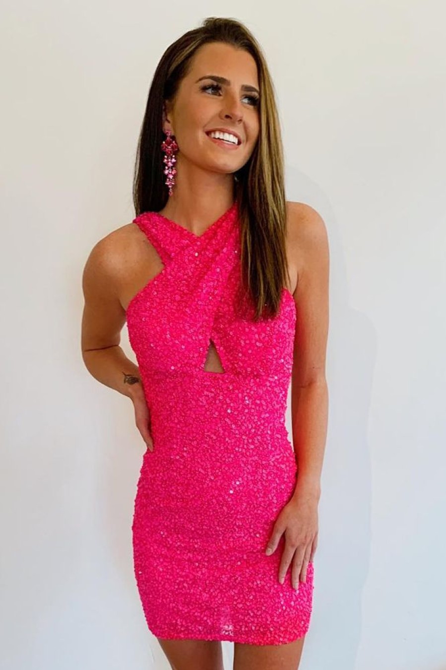 Homrain Halter Sleeveless Sequined Homecoming Dress | Pink Hoco Dresses