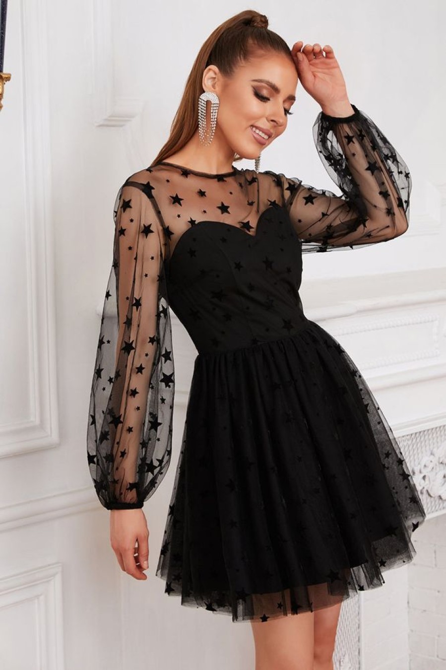 Homrain Long Sleeves Tulle Little Dress | Black Hoco Dresses