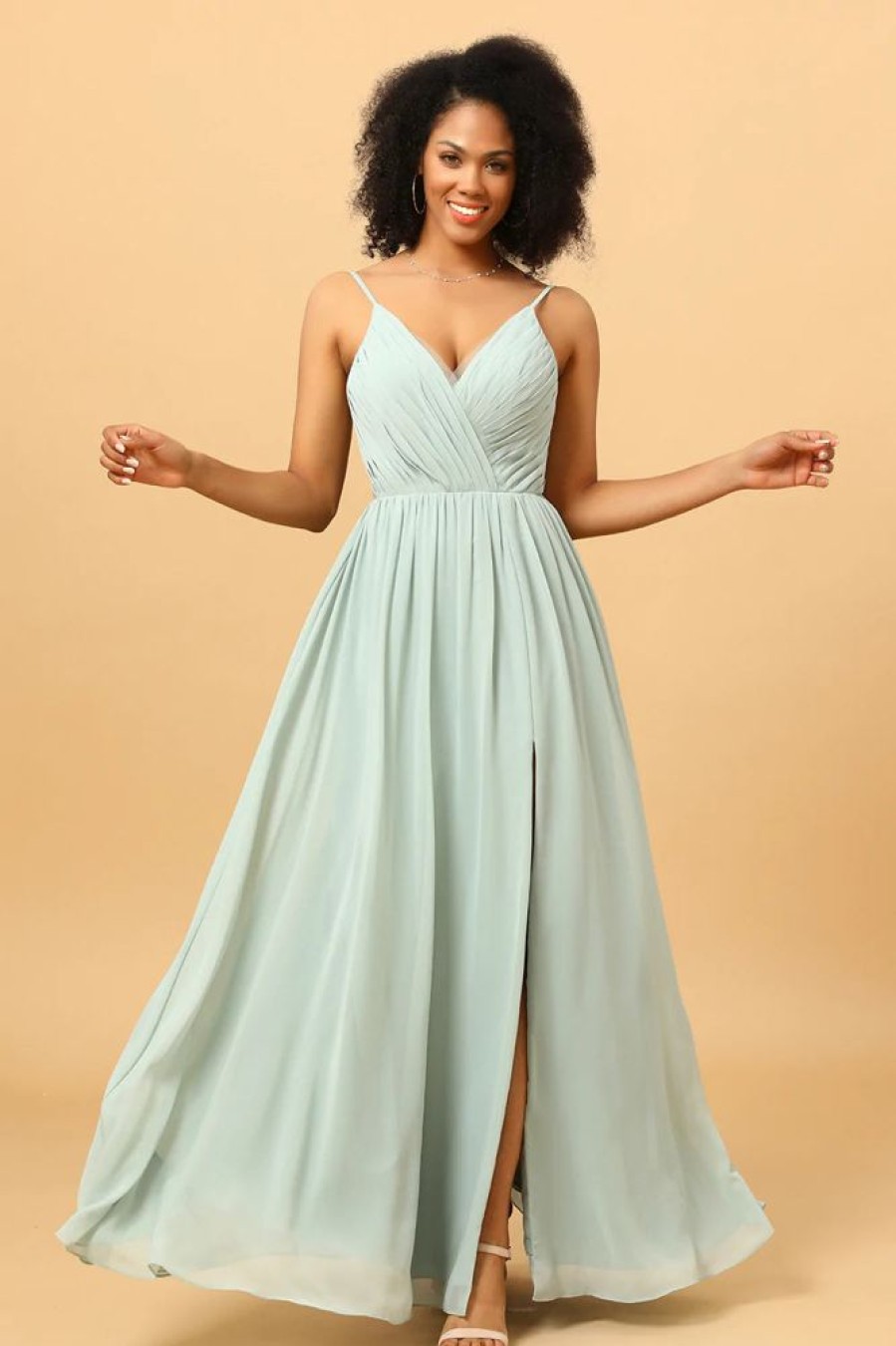 Homrain Mint Green A-Line Ruched Chiffon Bridesmaid Dress | Boho Bridesmaid Dresses