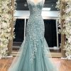 Homrain Mermaid Lace Long Backless Prom Dress | Green Prom Dresses