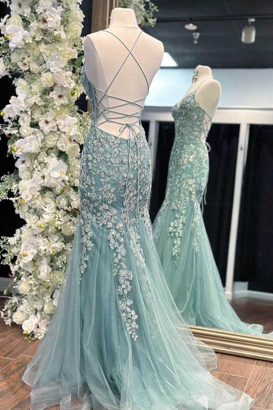 Homrain Mermaid Lace Long Backless Prom Dress | Green Prom Dresses