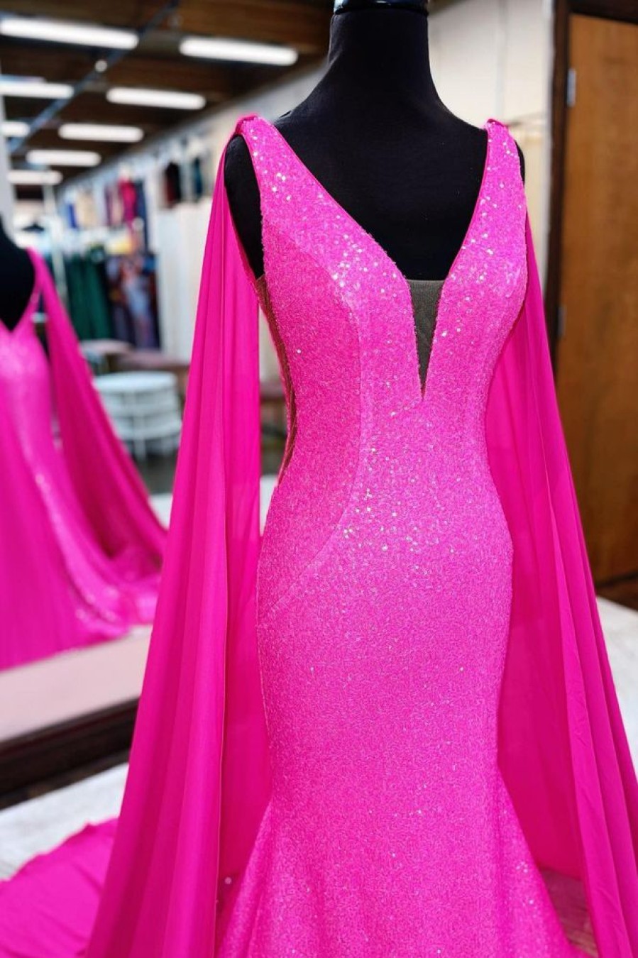 Homrain Hot Pink Mermaid Prom Dress With Wateau Train | Hot Pink Prom Dresses