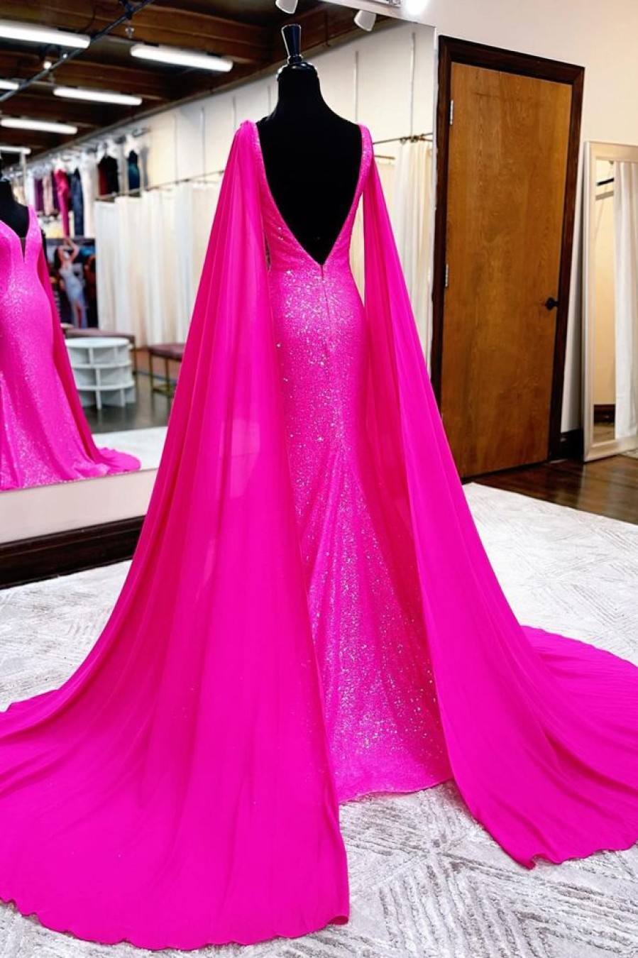 Homrain Hot Pink Mermaid Prom Dress With Wateau Train | Hot Pink Prom Dresses