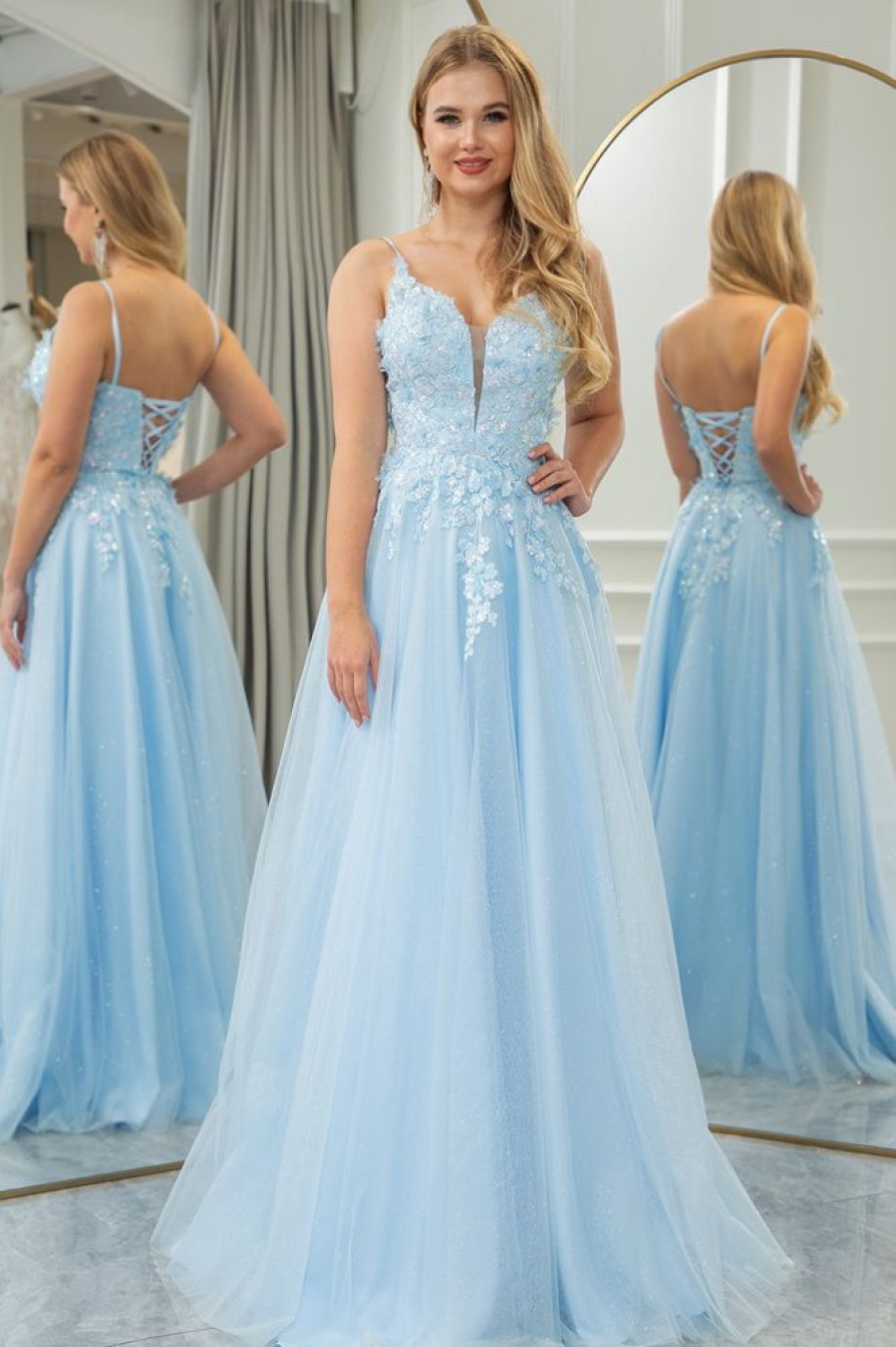 Homrain A Line Tulle Long Prom Dress With Appliques | Blue Prom Dresses