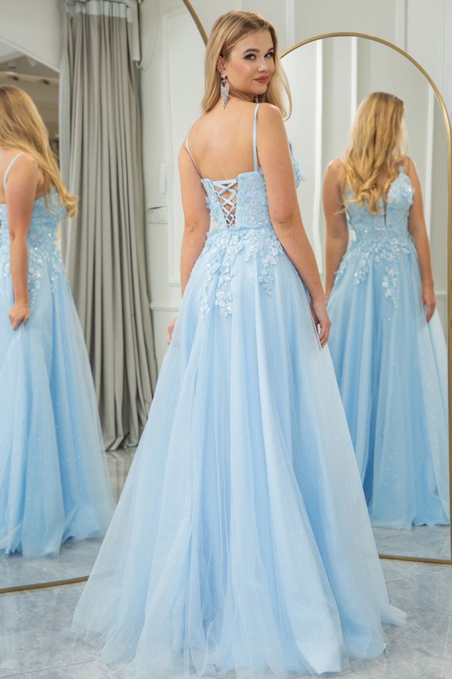 Homrain A Line Tulle Long Prom Dress With Appliques | Blue Prom Dresses