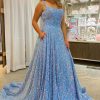 Homrain A Line Square Neck Sequins Long Prom Dress | Blue Prom Dresses