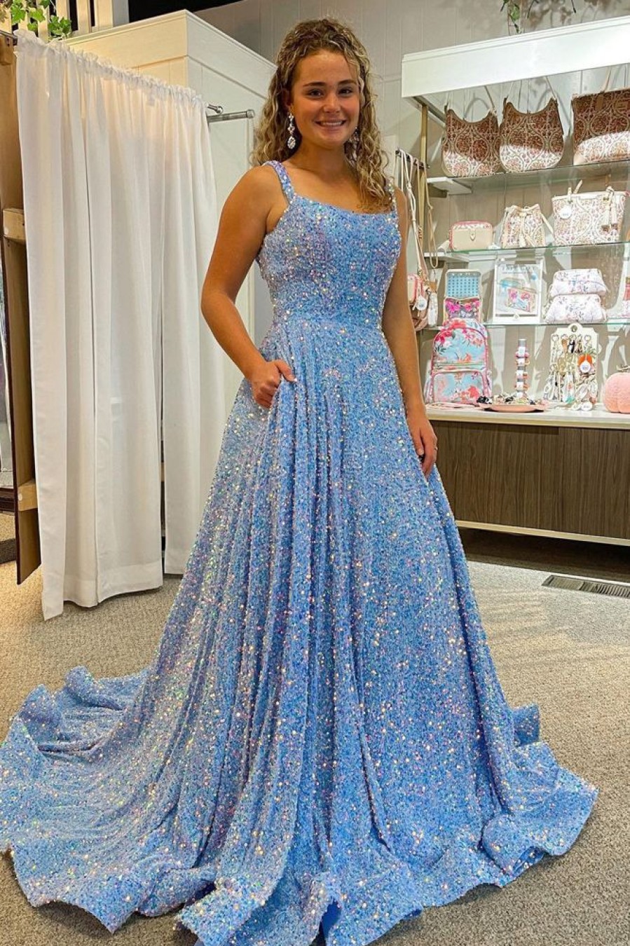 Homrain A Line Square Neck Sequins Long Prom Dress | Blue Prom Dresses