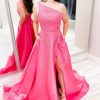 Homrain One Shoulder Satin A-Line Prom Dress With Pockets | Hot Pink Prom Dresses