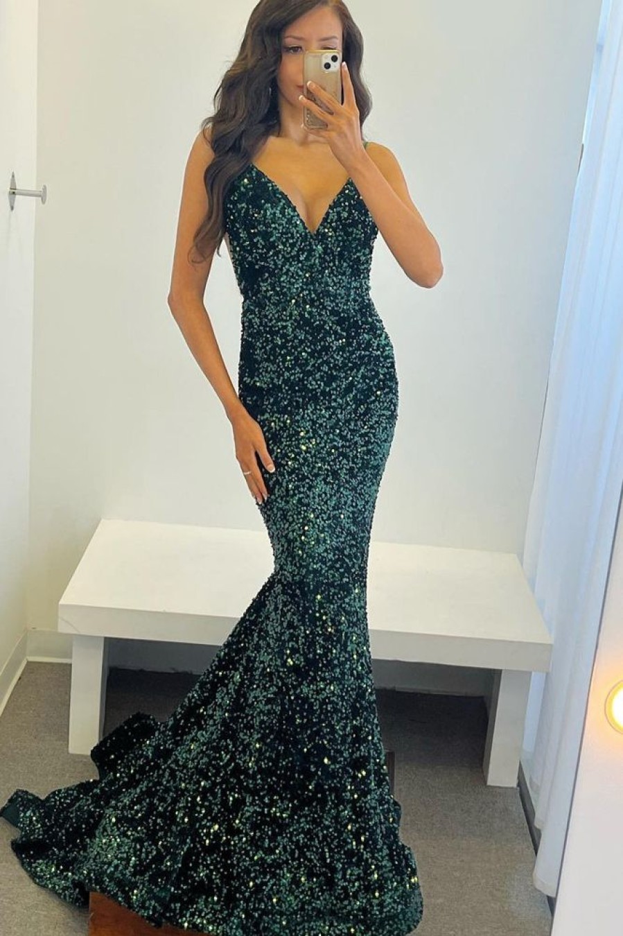 Homrain Sequins Backless Mermaid Prom Dress | Green Prom Dresses