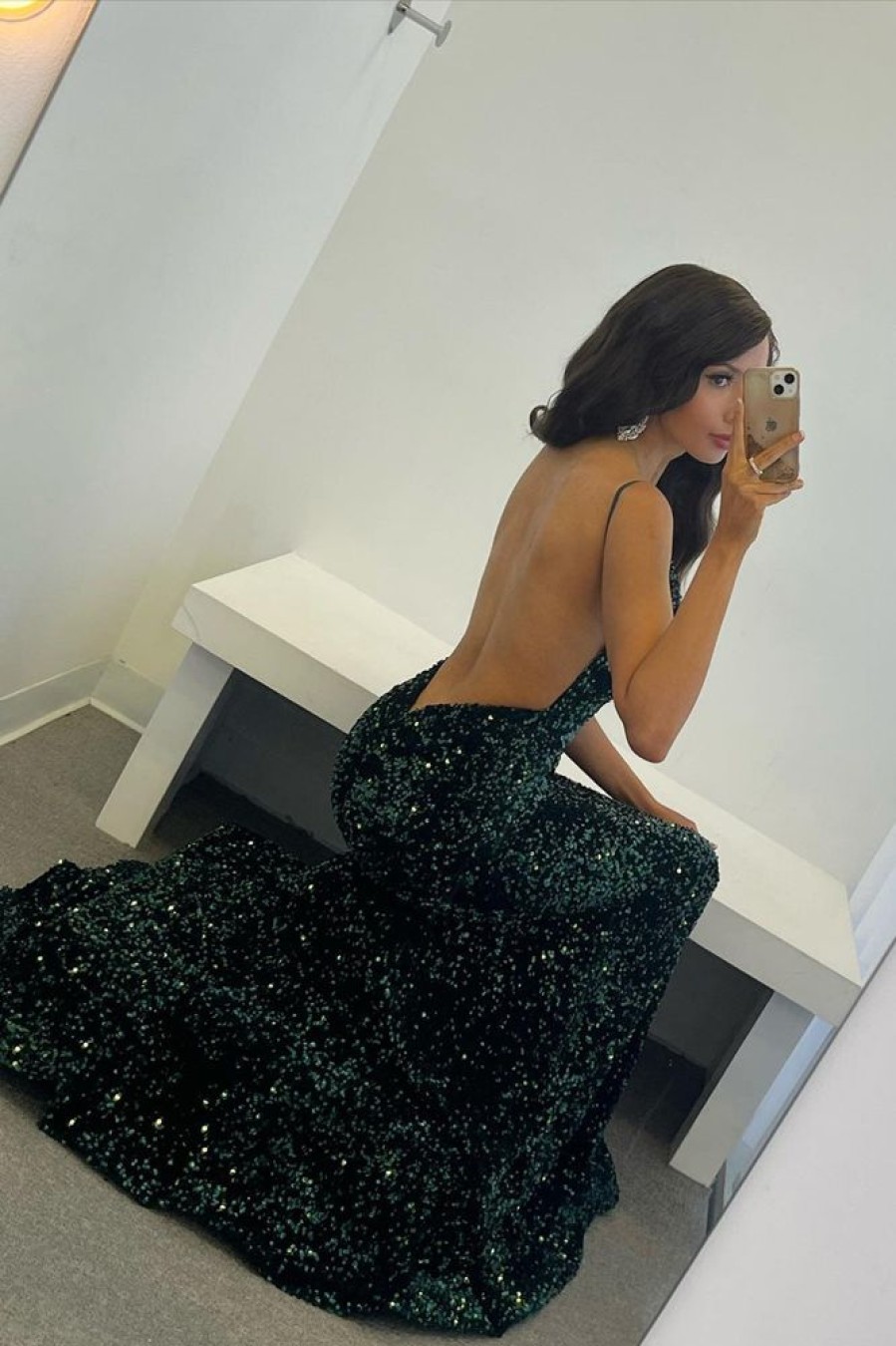 Homrain Sequins Backless Mermaid Prom Dress | Green Prom Dresses