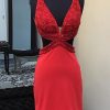 Homrain Sparkly Lace-Up Back Cut Out Tight Short Homecoming Dress With Sequins | Red Hoco Dresses