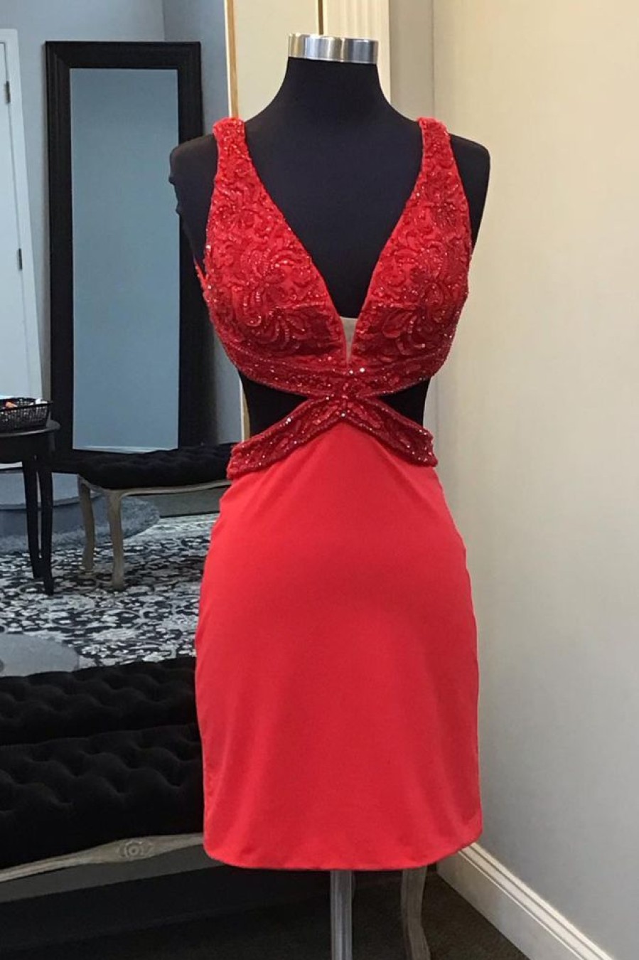 Homrain Sparkly Lace-Up Back Cut Out Tight Short Homecoming Dress With Sequins | Red Hoco Dresses