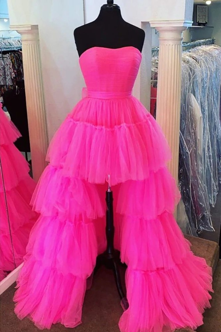 Homrain Stylish High Low Strapless Prom Dress With Ruffles | Hot Pink Prom Dresses