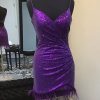 Homrain Sparkly Sequin Open Back Tight Short Homecoming Dress With Feathers | Purple Hoco Dresses