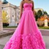 Homrain Corset Sweetheart A-Line Long Prom Dress With Ruffles | Hot Pink Prom Dresses