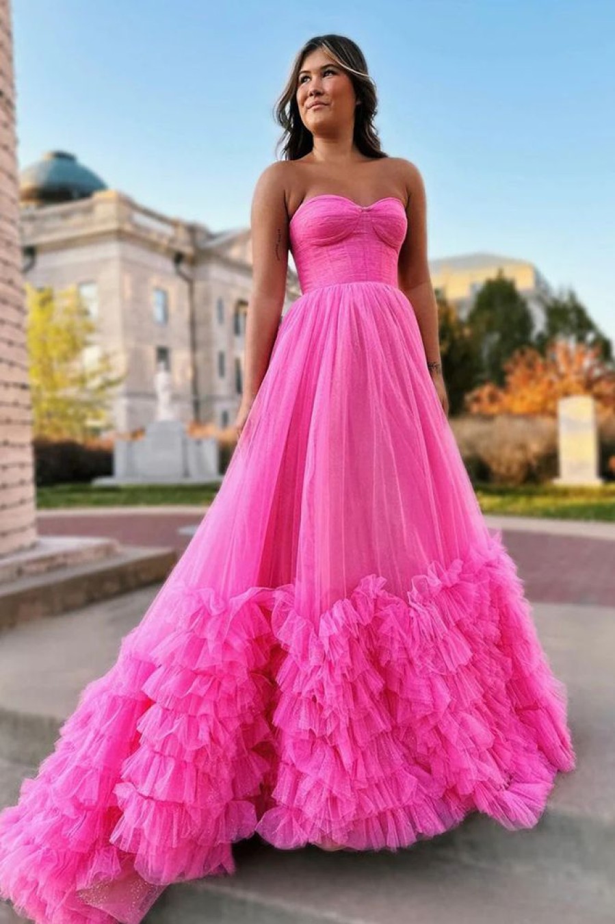 Homrain Corset Sweetheart A-Line Long Prom Dress With Ruffles | Hot Pink Prom Dresses