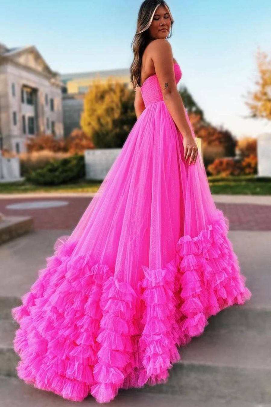 Homrain Corset Sweetheart A-Line Long Prom Dress With Ruffles | Hot Pink Prom Dresses