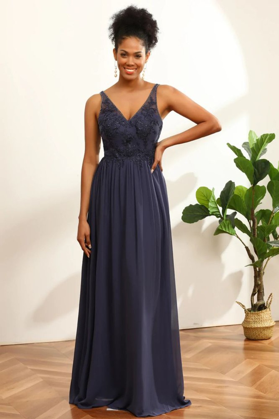 Homrain V-Neck Long Chiffon Bridesmaid Dress With Open Back | Wedding Guest Dresses