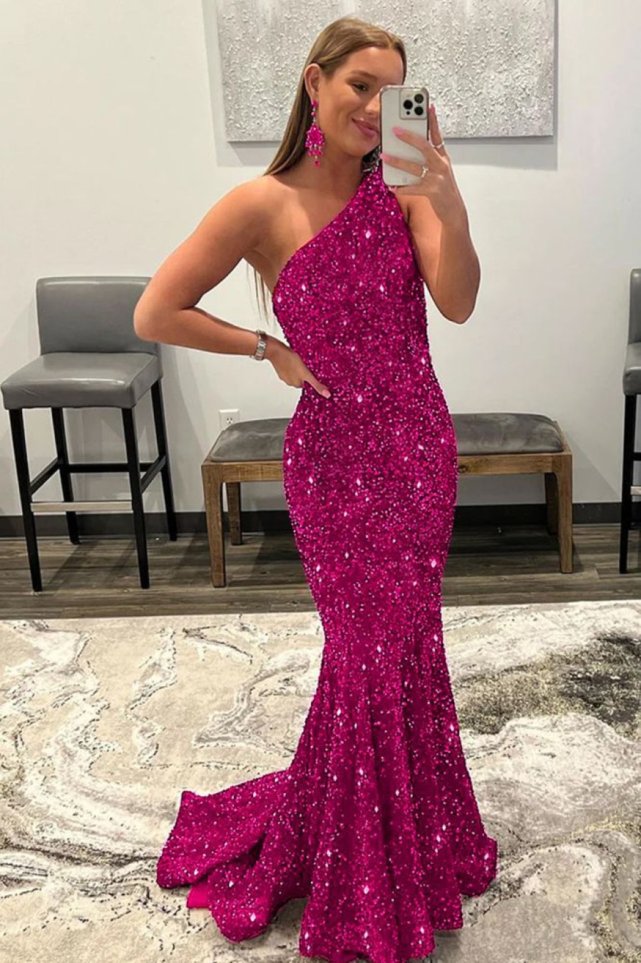 Homrain Sparkly Mermaid Sequins Long Prom Dress | Hot Pink Prom Dresses