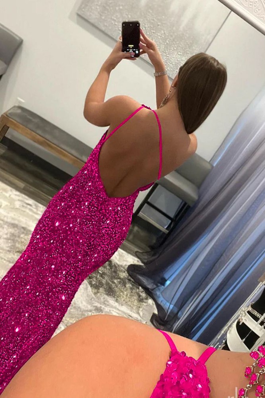 Homrain Sparkly Mermaid Sequins Long Prom Dress | Hot Pink Prom Dresses