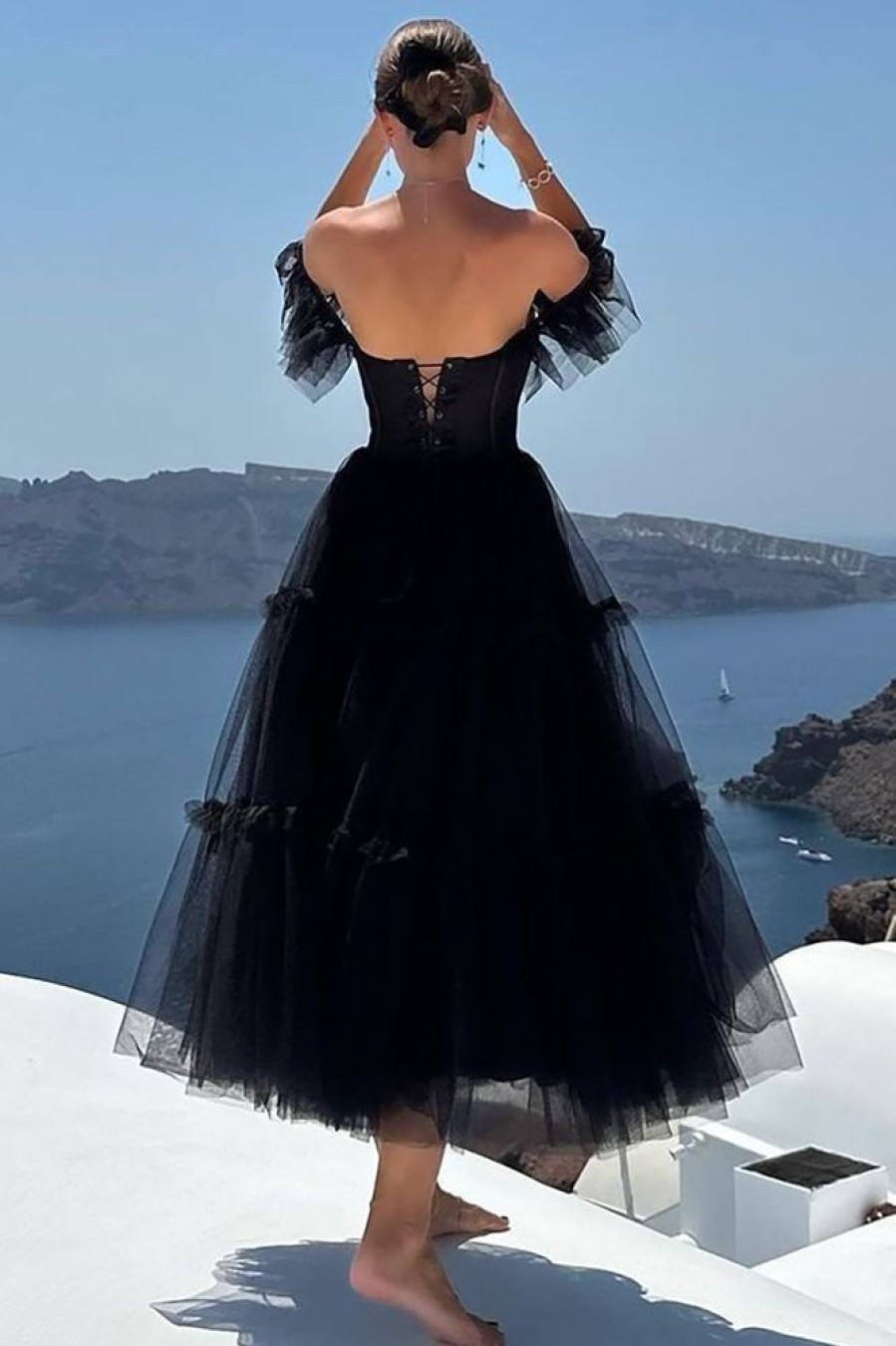 Homrain A-Line Corset Ruffled Tulle Homecoming Prom Dress | Black Prom Dresses