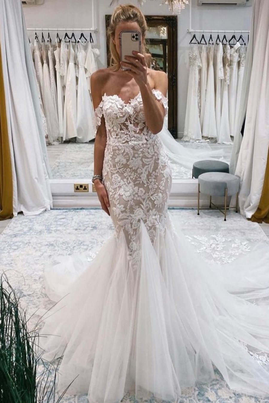 Homrain Off The Shoulder Long Lace Mermaid Wedding Dress | Lace Wedding Dresses