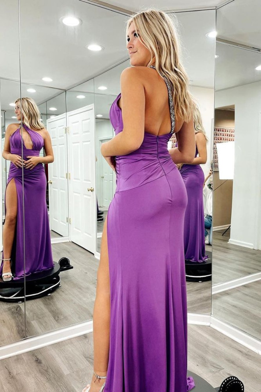 Homrain One Shoulder Satin Prom Dress With Slit | Purple Prom Dresses