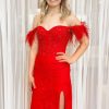 Homrain Off The Shoulder Corset Prom Dress With Slit | Red Prom Dresses