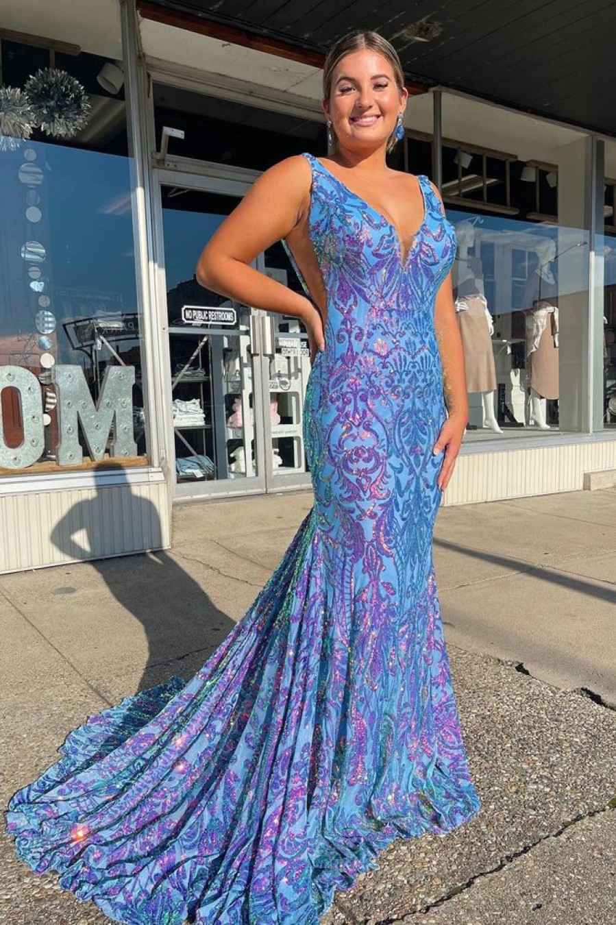 Homrain Sequins V-Neck Mermaid Prom Dress | Blue Prom Dresses