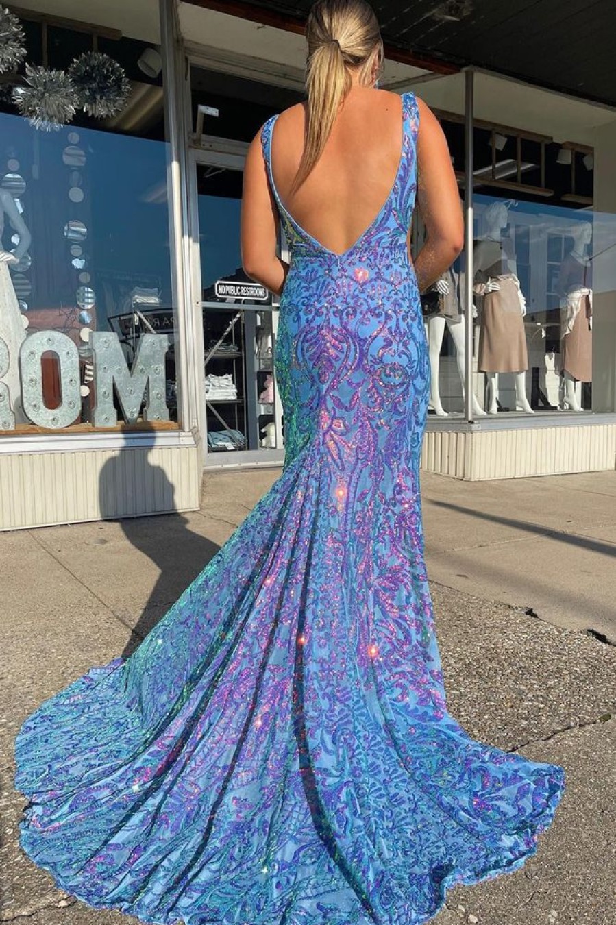 Homrain Sequins V-Neck Mermaid Prom Dress | Blue Prom Dresses