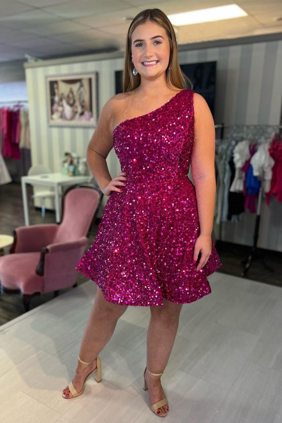 Homrain Sparkly One Shoulder Sequins Short Homecoming Dress | Hot Pink Hoco Dresses