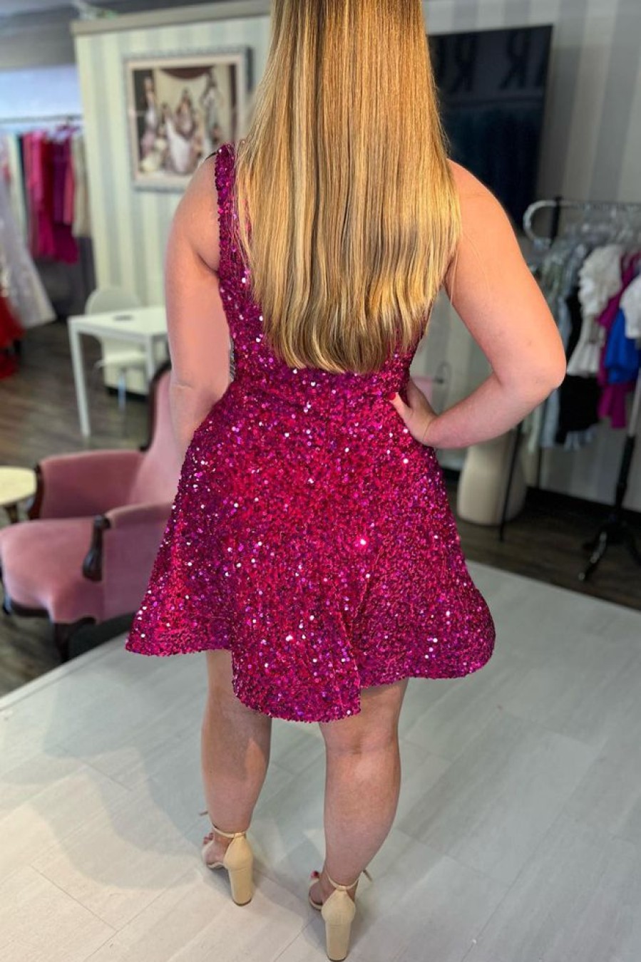 Homrain Sparkly One Shoulder Sequins Short Homecoming Dress | Hot Pink Hoco Dresses