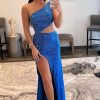 Homrain Sparkly One Shoulder Sheath Long Prom Dress With Slit | Blue Prom Dresses