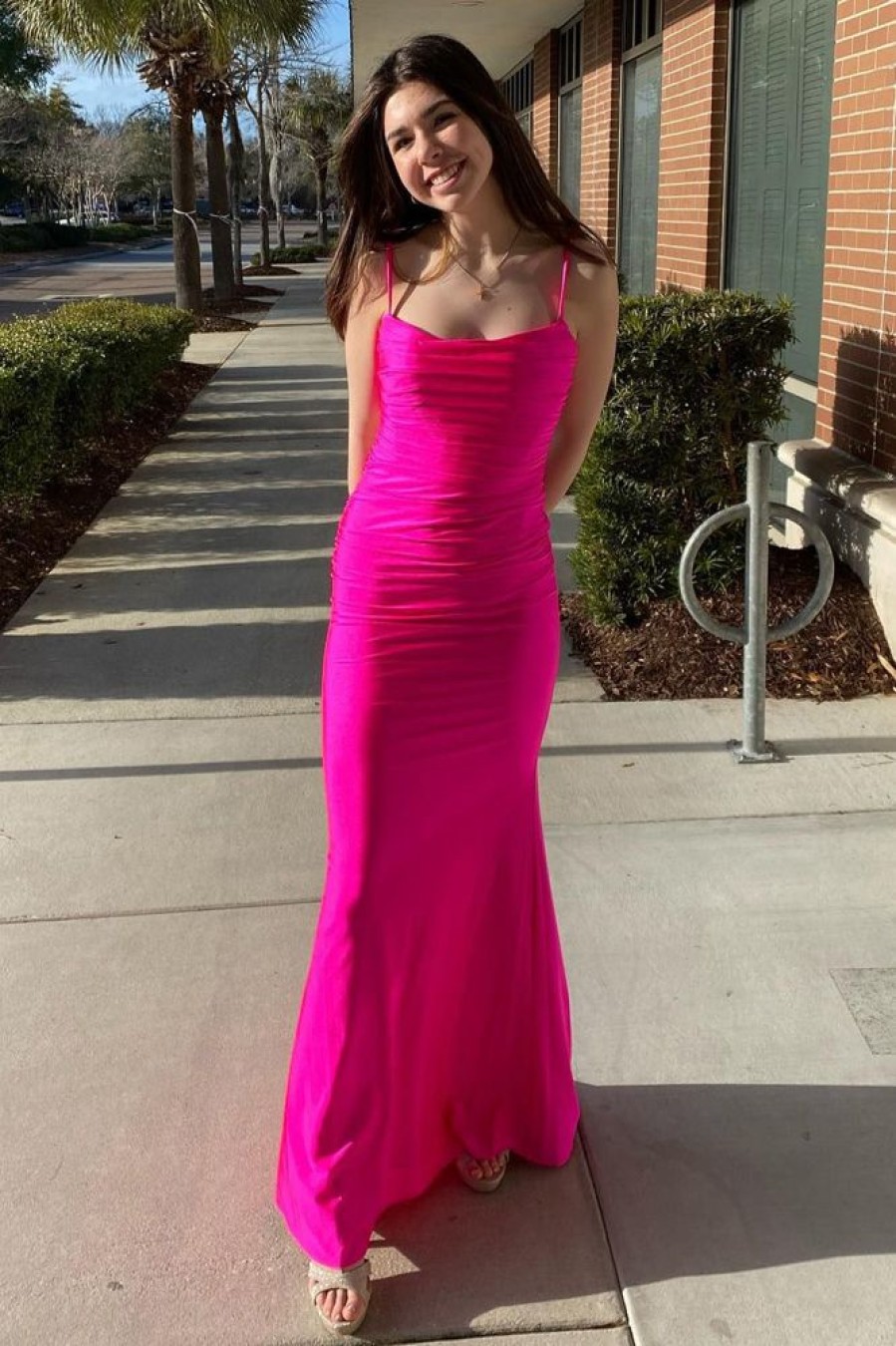 Homrain Mermaid Spaghetti Straps Hot Pink Long Prom Dress With Open Back | Hot Pink Prom Dresses