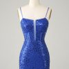 Homrain Bodycon Sparkly Spaghetti Straps Homecoming Dress | Blue Hoco Dresses