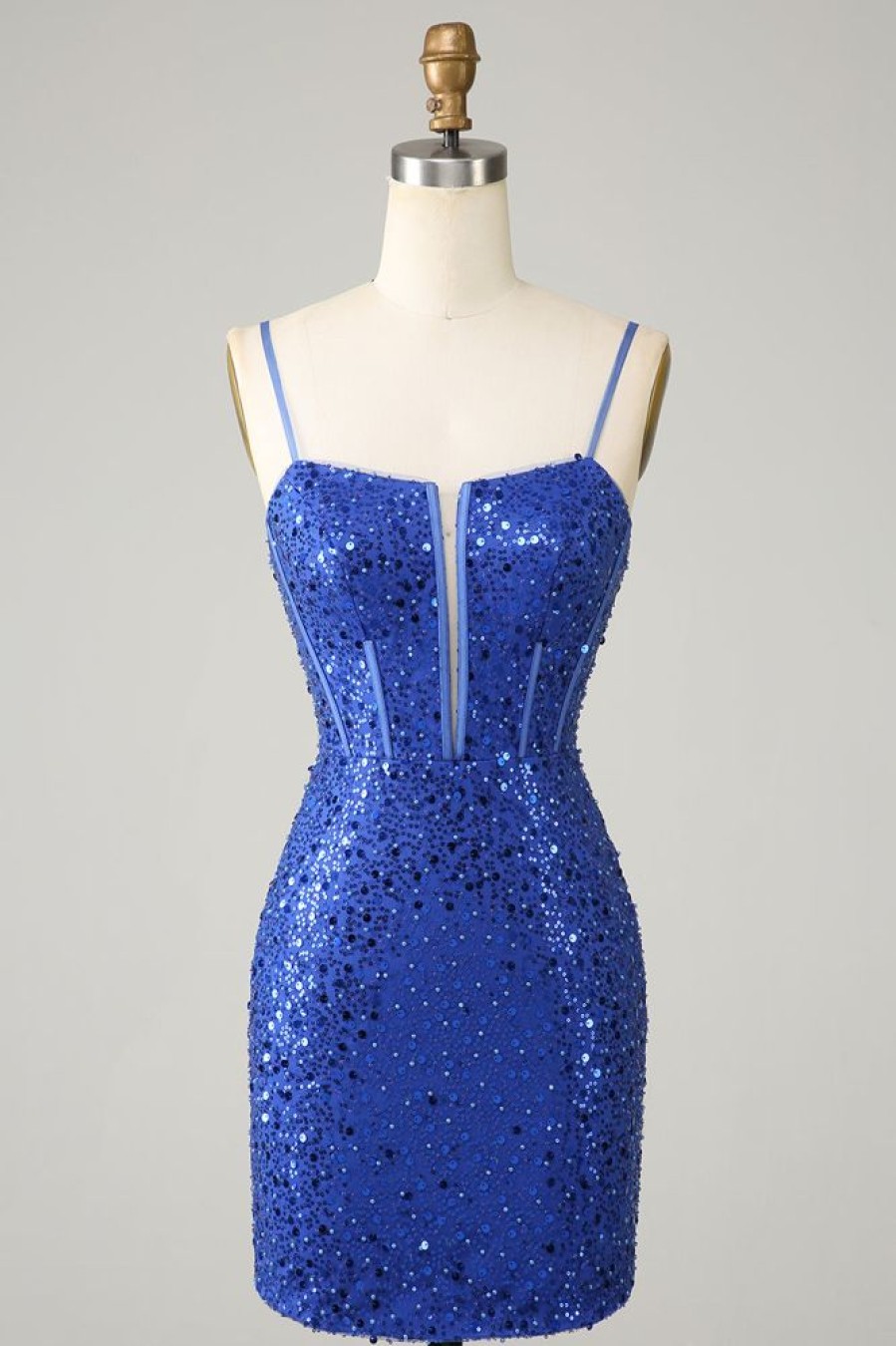 Homrain Bodycon Sparkly Spaghetti Straps Homecoming Dress | Blue Hoco Dresses