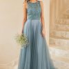 Homrain Tulle Bridesmaid Dress With Lace | Dusty Blue Bridesmaid Dress