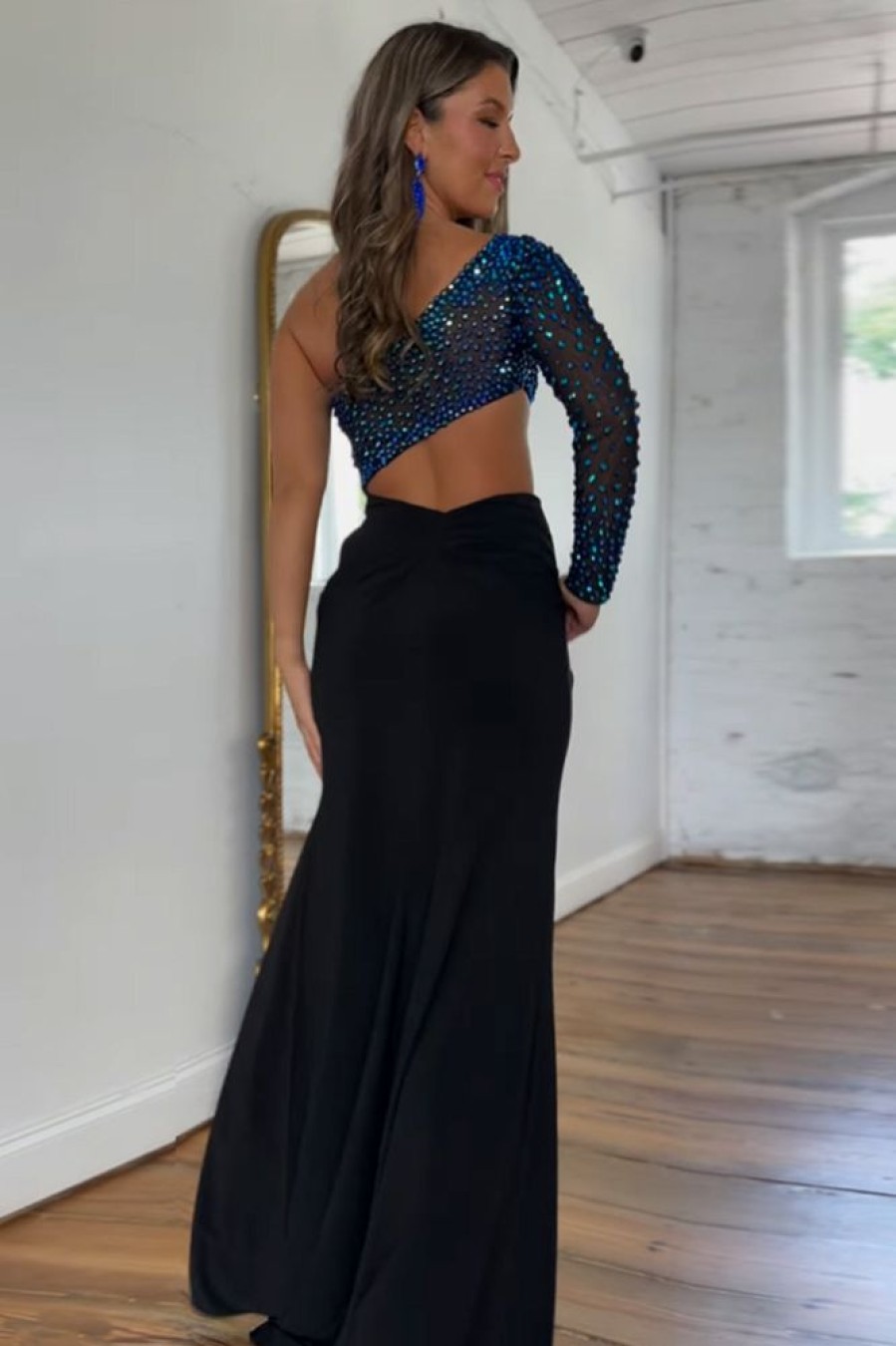 Homrain Sparkly Beaded One Shoulder Long Prom Dress With Slit | Black Prom Dresses