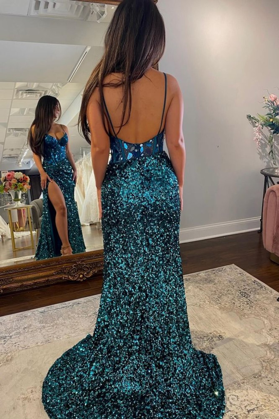 Homrain Sparkly Mirror Long Sequins Prom Dress With Slit | Blue Prom Dresses