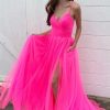 Homrain Hot Pink A-Line Tulle Long Prom Dress With Pockets | Hot Pink Prom Dresses