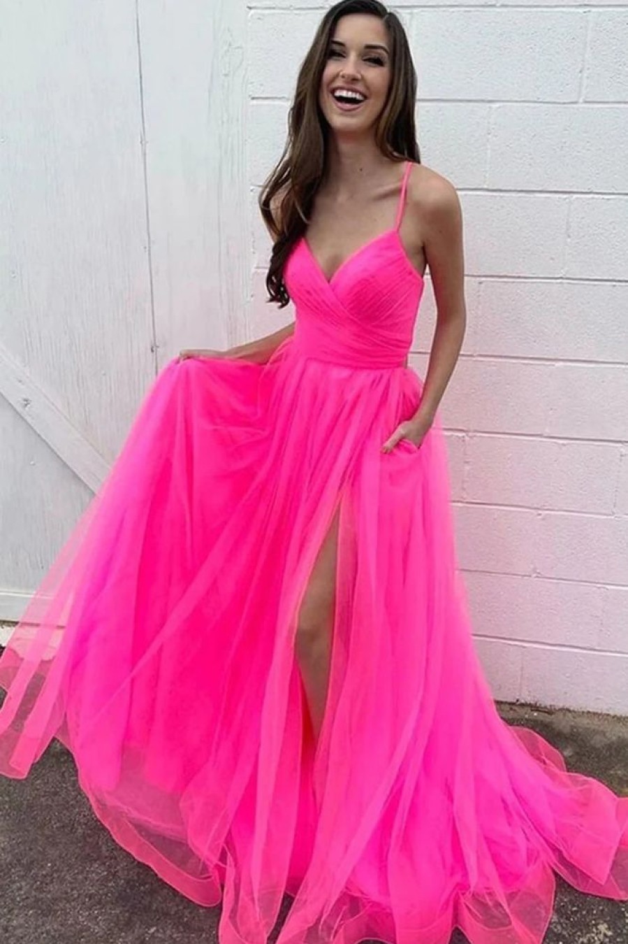 Homrain Hot Pink A-Line Tulle Long Prom Dress With Pockets | Hot Pink Prom Dresses