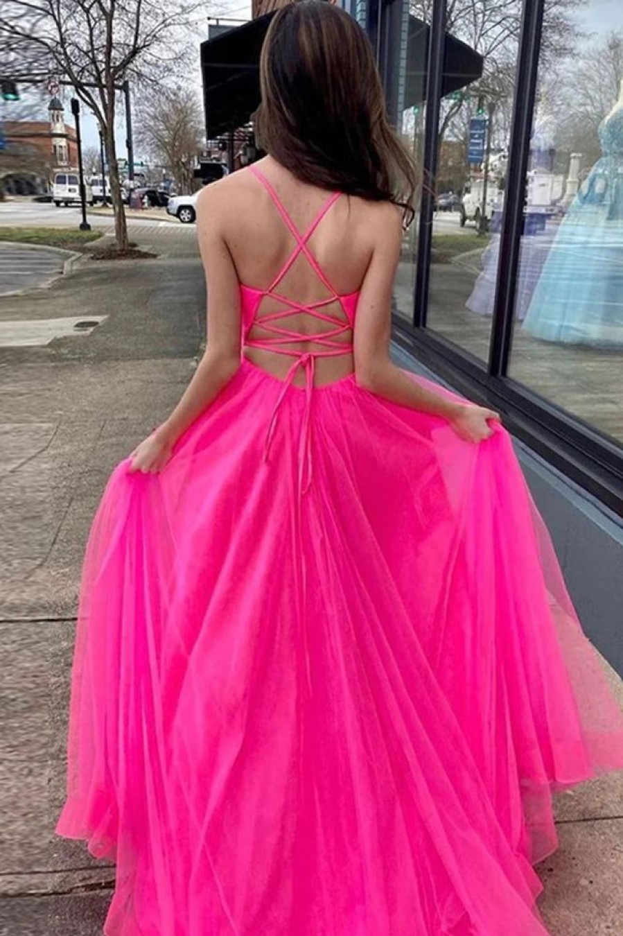 Homrain Hot Pink A-Line Tulle Long Prom Dress With Pockets | Hot Pink Prom Dresses