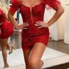 Homrain Sparkly Lace Tight Short Homecoming Dress With Detachable Feathers | Red Hoco Dresses