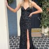 Homrain Mermaid Spaghetti Straps Sequins Long Prom Dress With Split Front | Black Prom Dresses